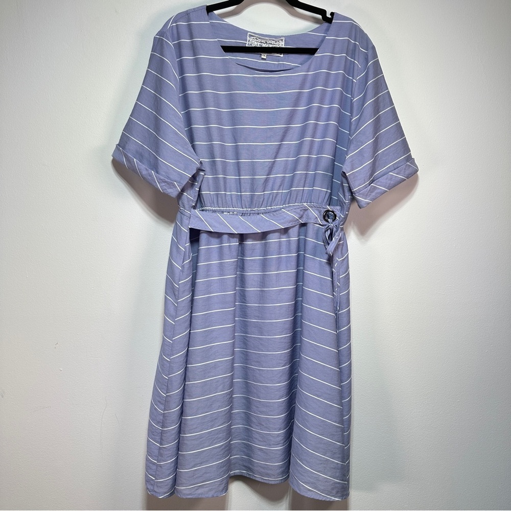 Pink Martini Blue White Striped A-Line Dress 1X Belted Coastal Nautical Midi